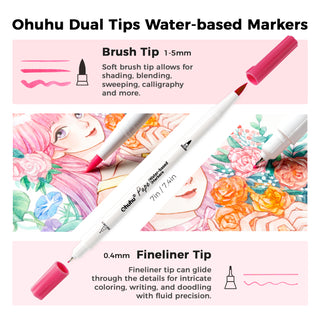 Ohuhu Pupe Paper-friendly (No Peeling) Brush and Fineliner Dual Tips 120 Colors Water-based Coloring Markers