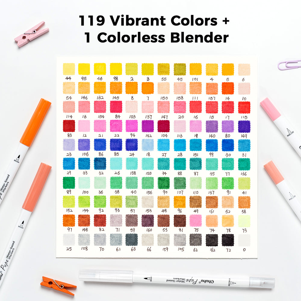 Ohuhu Pupe Paper-friendly (No Peeling) Brush and Fineliner Dual Tips 120 Colors Water-based Coloring Markers