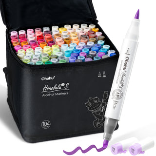 Ohuhu Honolulu² S 104 Basic Colors Dual Tips Alcohol Art Markers, Brush & Soft Chisel