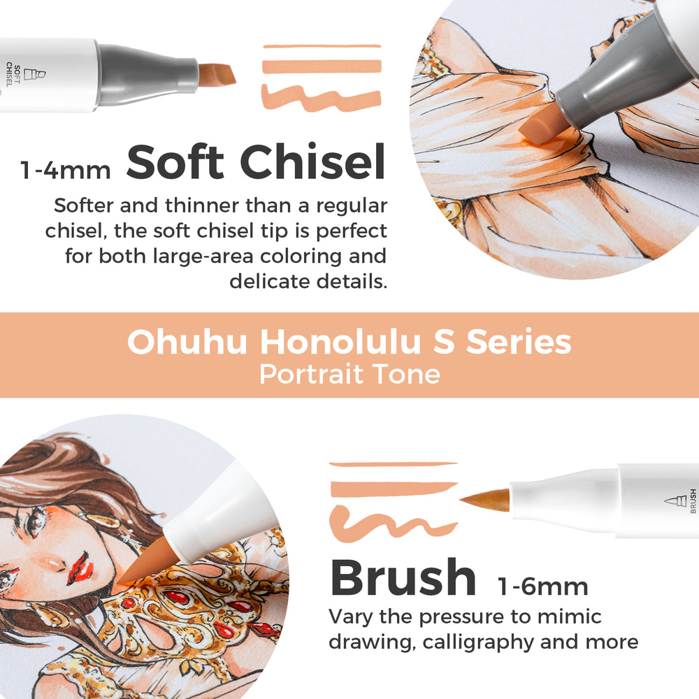 Ohuhu Honolulu S 24 Skin Tone Colors Dual Soft Tips Alcohol Art Markers, Brush & Soft Chisel
