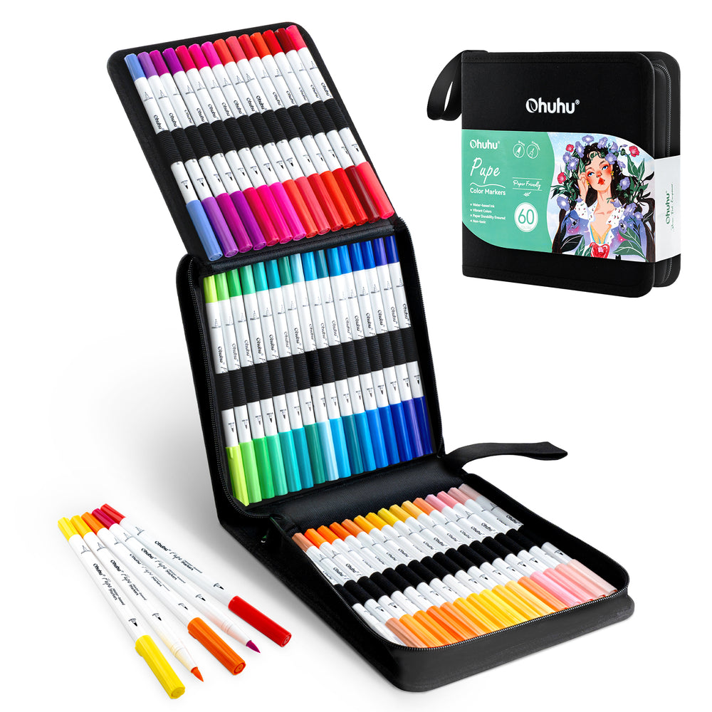 Ohuhu Pupe Paper-friendly (No Peeling) Brush and Fineliner Dual Tips 60 Colors Water-based Coloring Markers